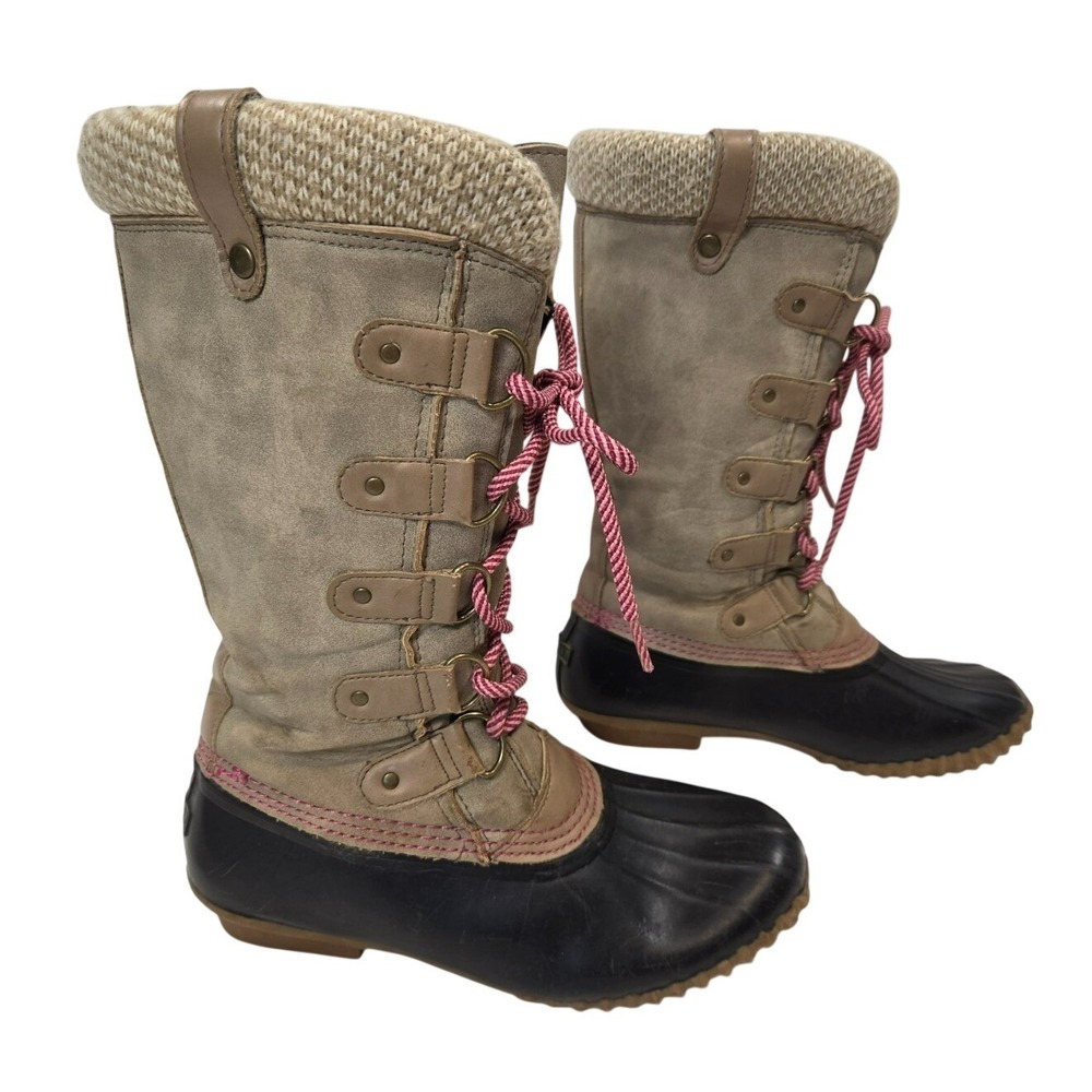 Esprit Boots Size 9M Belinda Mid Calf Rain Snow Rubber Lace Up Beige Pink Laces